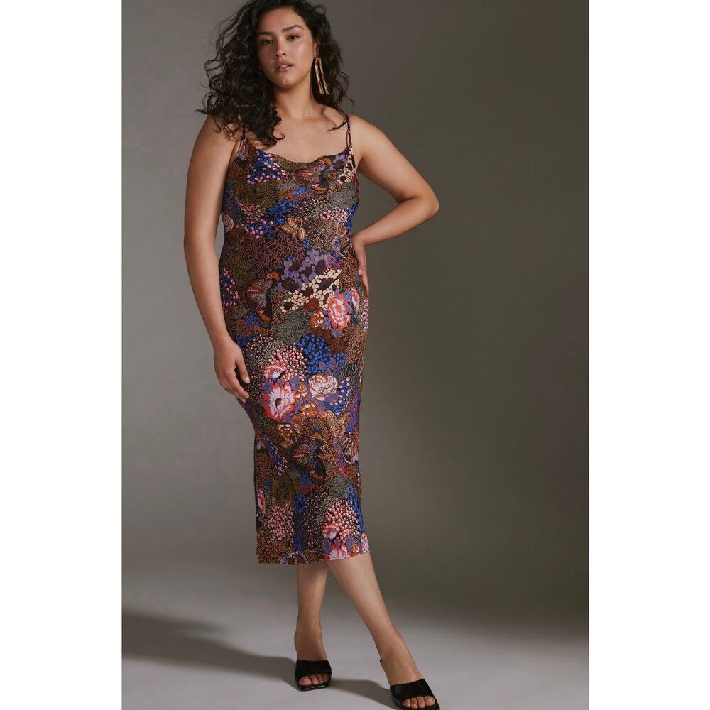 Anthropologie Sz M The Elyse Slip Dress Floral Cowl Neck Midi Multicolor - Picture 2 of 12
